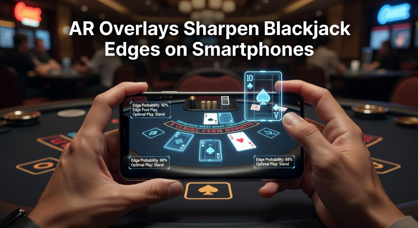 Smartphone screen displaying an AR overlay on a blackjack table, highlighting optimal card plays in real-time