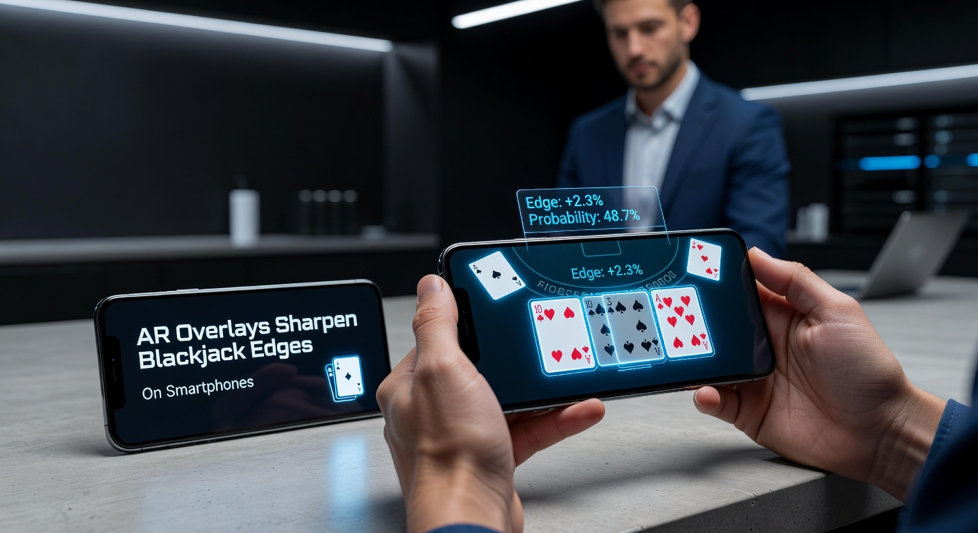 Close-up of a hand holding a smartphone with AR blackjack overlay active, showing probability percentages and strategy icons floating over virtual cards