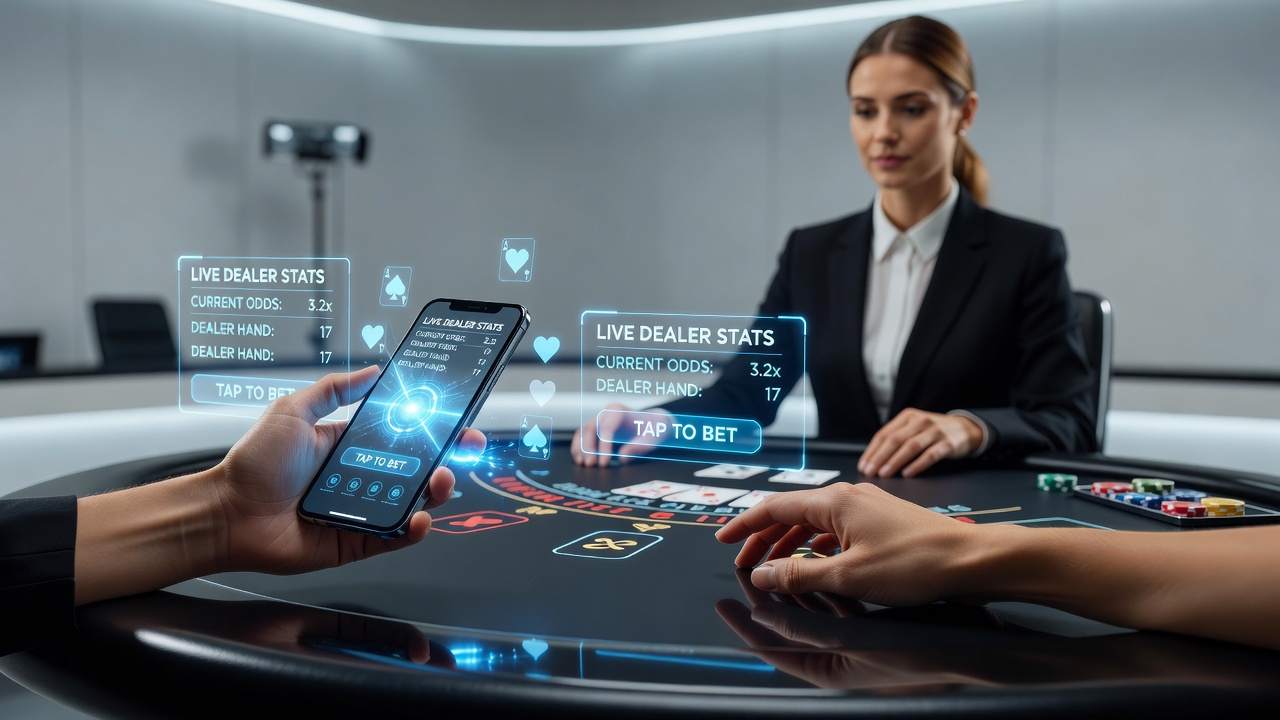 Mobile device displaying augmented reality overlays on a live dealer blackjack table with interactive betting elements and player statistics