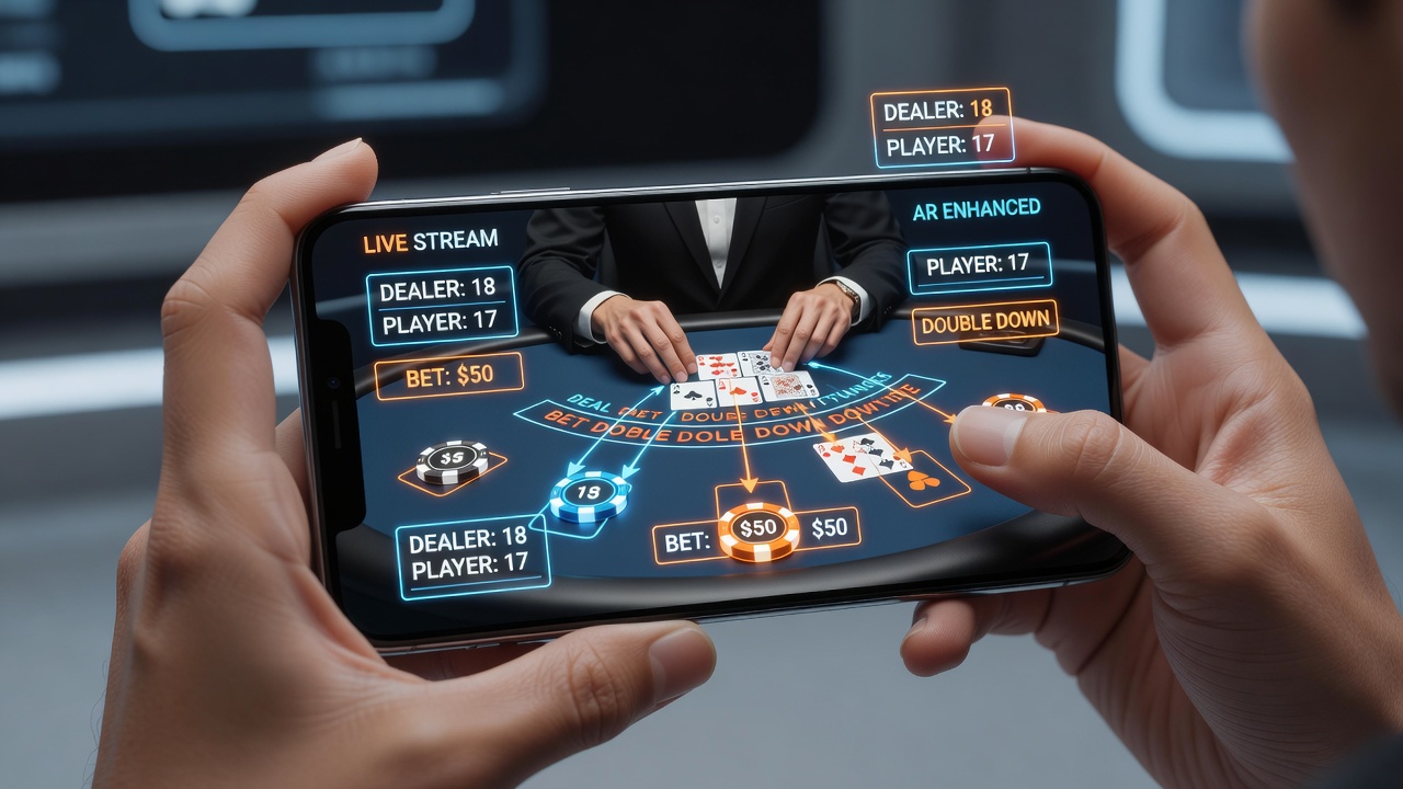 Close-up of smartphone screen showing AR-enhanced roulette table with probability overlays and player bet history graphics