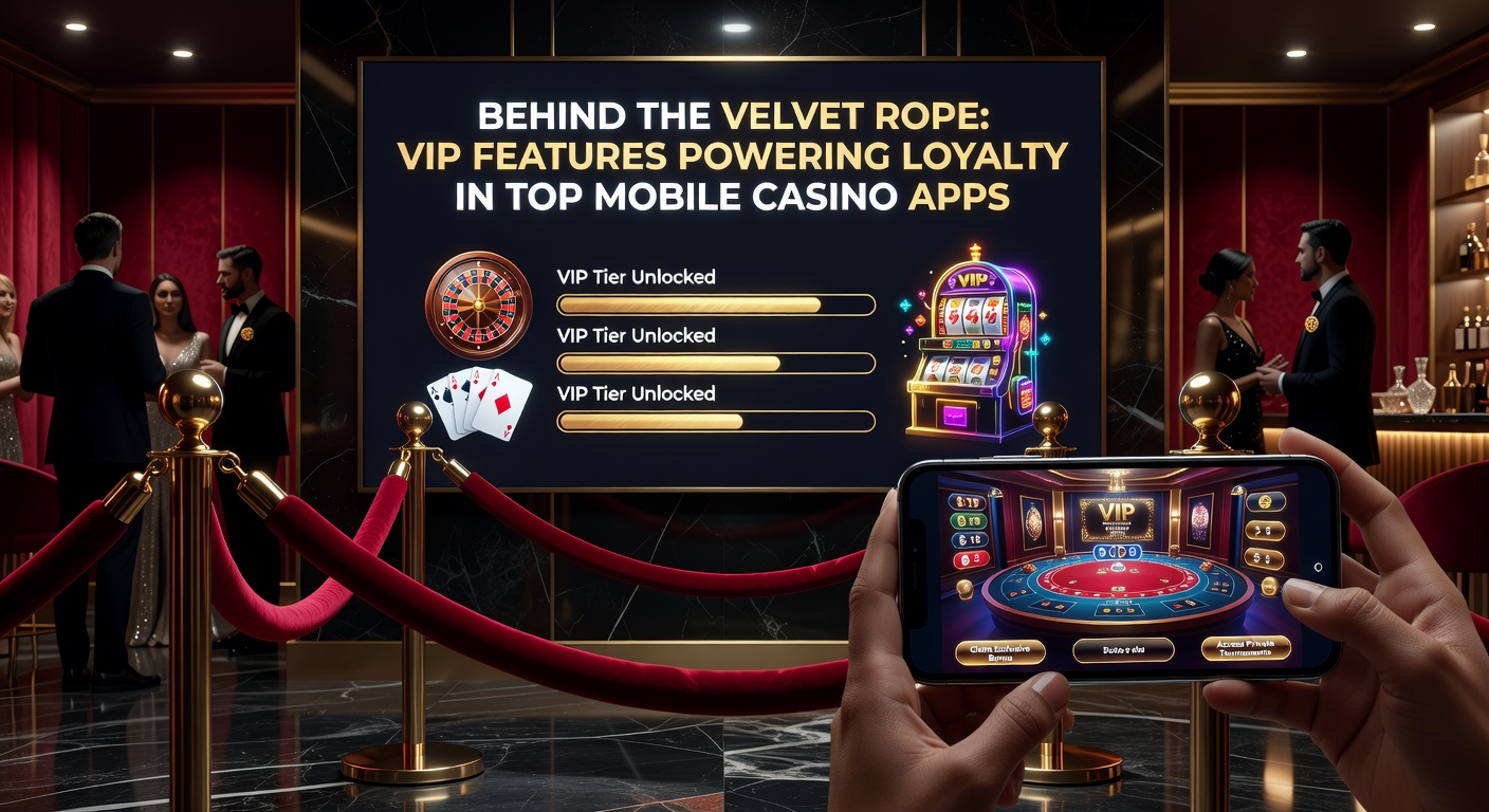 A sleek mobile phone screen displaying an exclusive VIP lounge interface in a casino app, with gold-tier badges, personalized bonuses, and a velvet rope graphic separating elite features from standard play