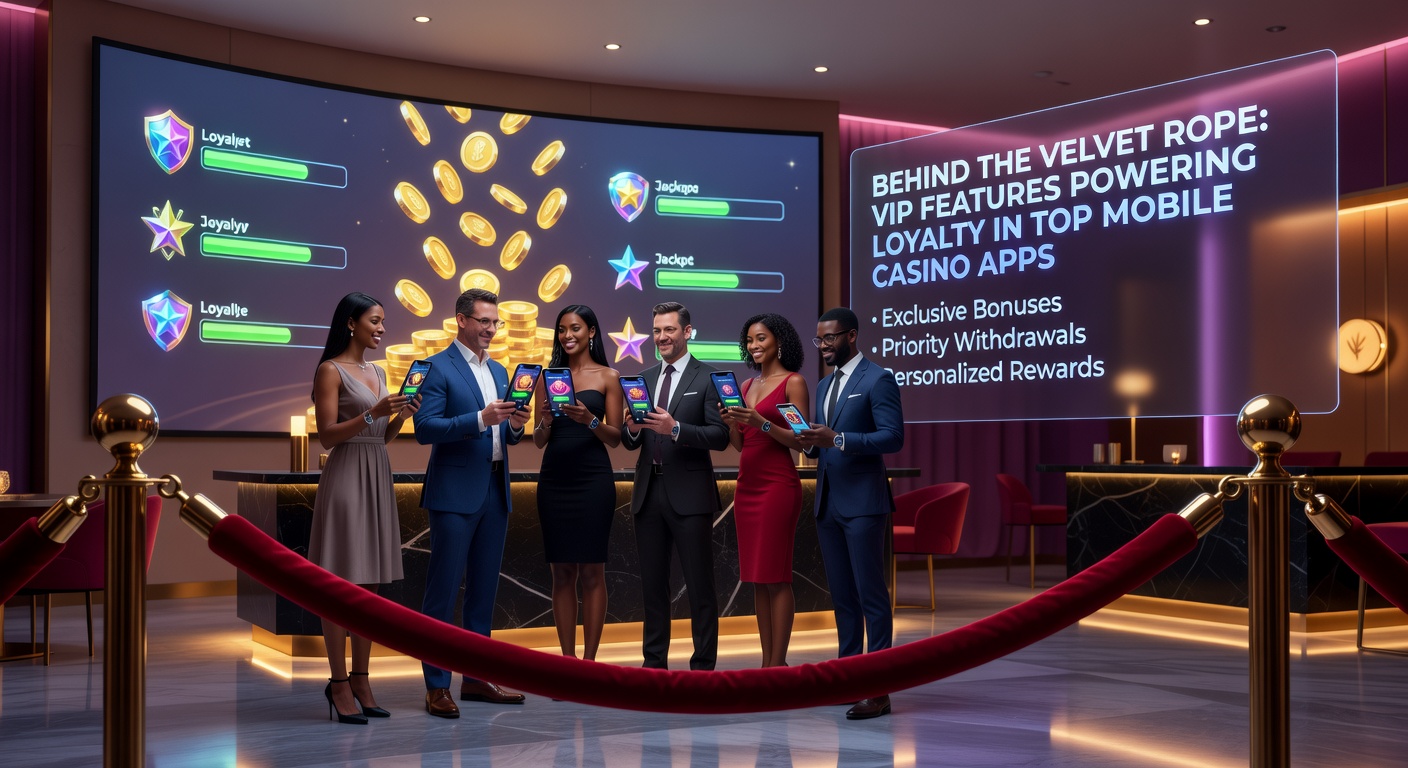 Illustration of a VIP player accessing exclusive mobile casino features, including a personal host avatar, high-limit tables, and loyalty points cascading into rewards on a vibrant app dashboard