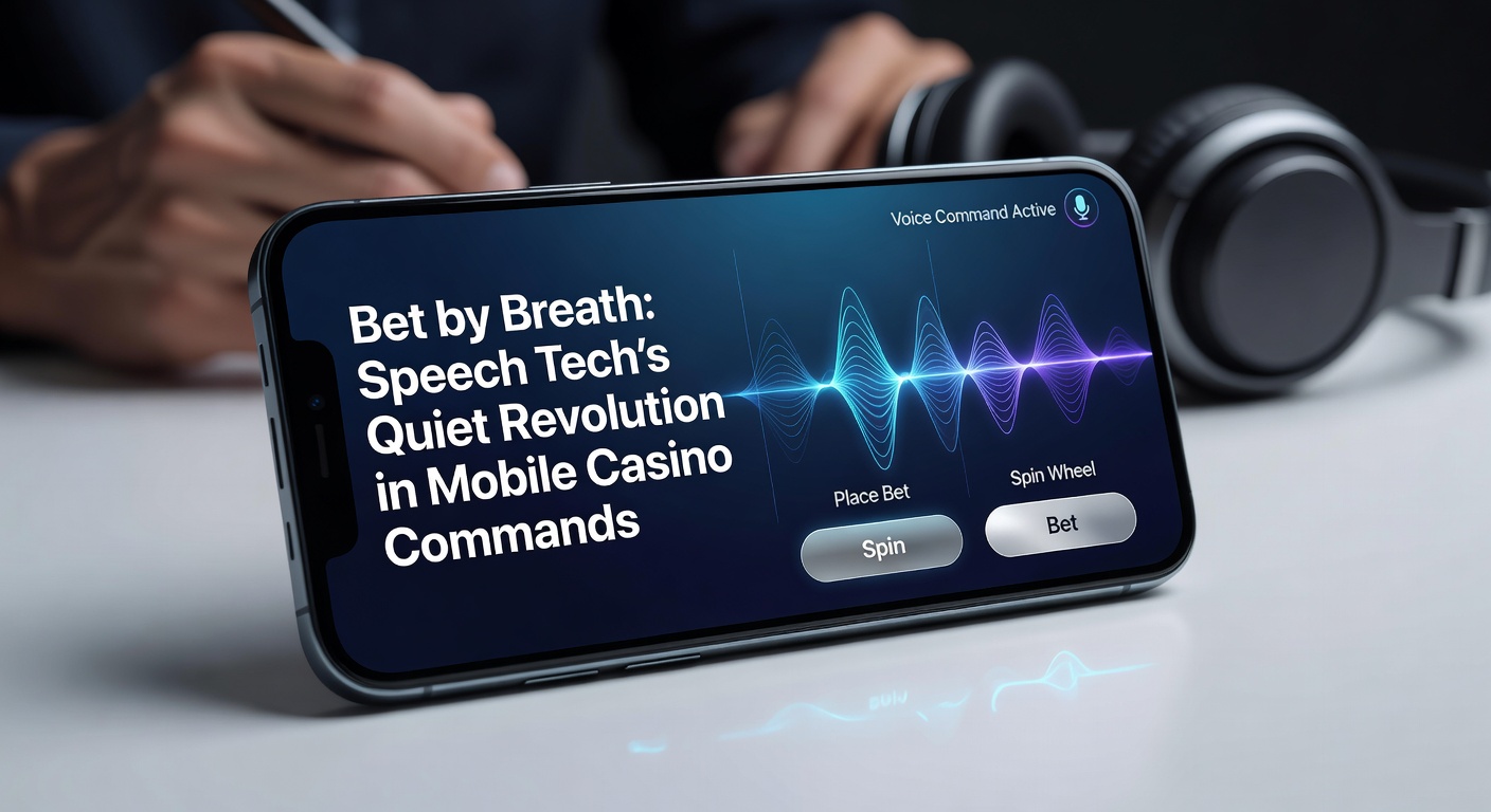 Close-up of a user speaking into a smartphone during a mobile casino game, with overlaid waveform graphics illustrating real-time speech recognition