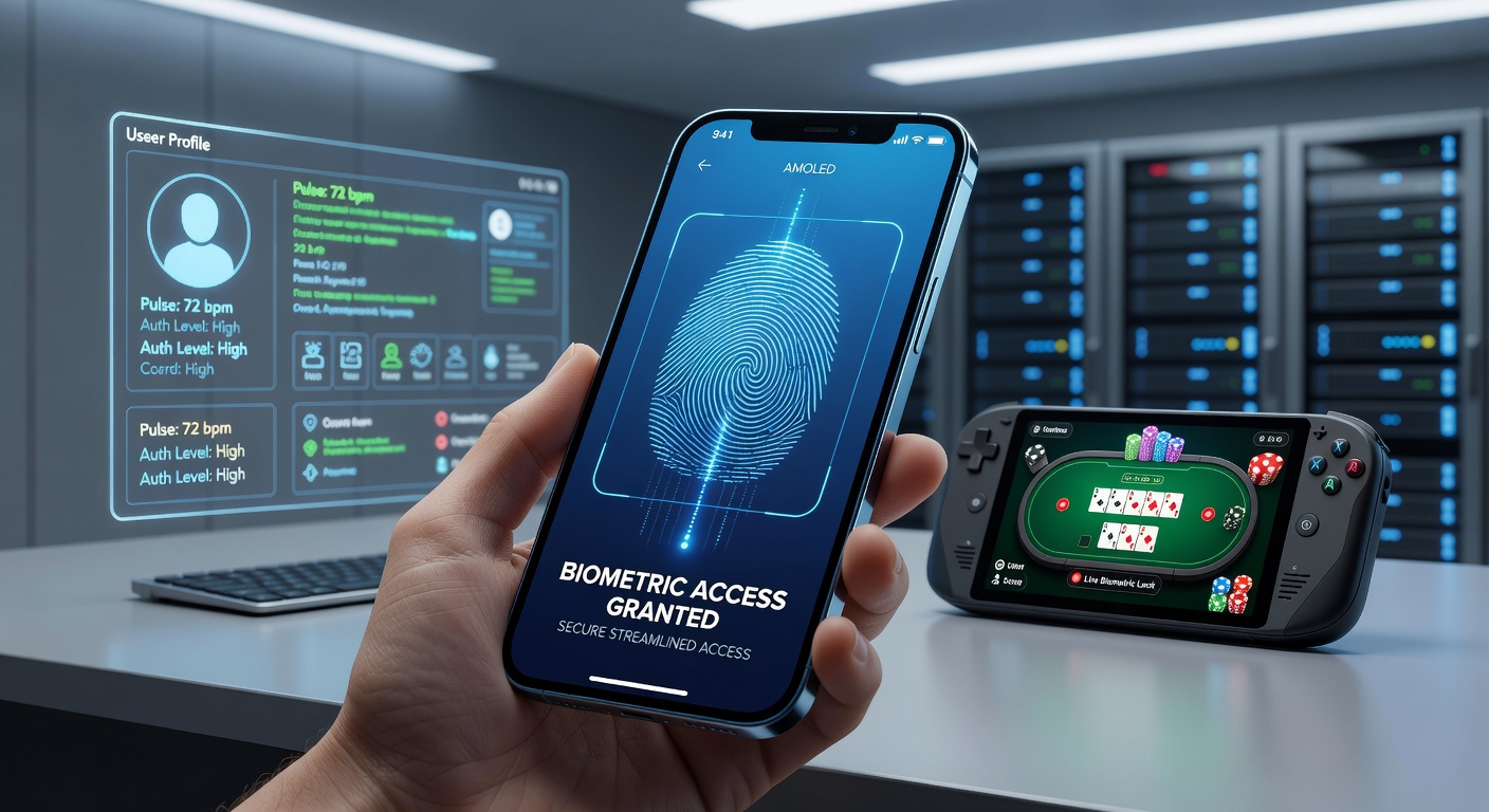 Close-up of a smartphone screen displaying biometric login options including fingerprint and facial recognition icons for casino apps