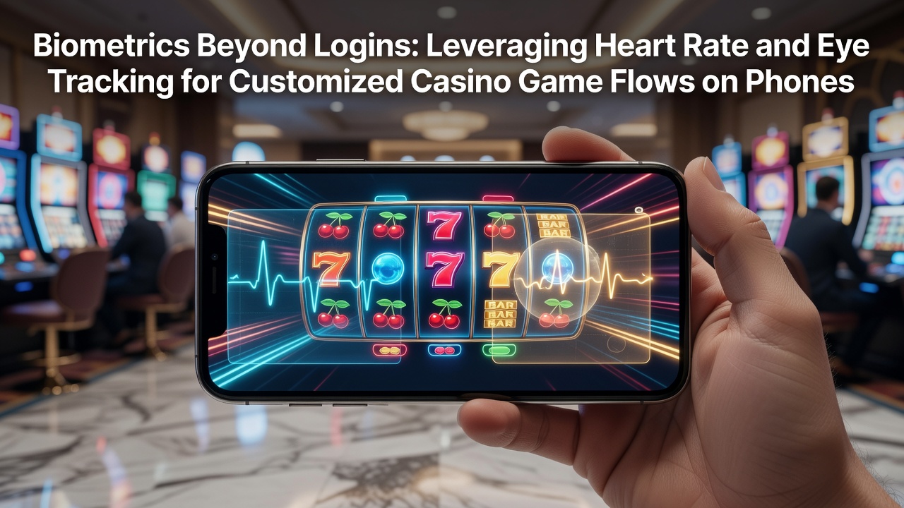 Smartphone screen displaying casino game interface with overlaid biometric sensor indicators for heart rate and eye tracking