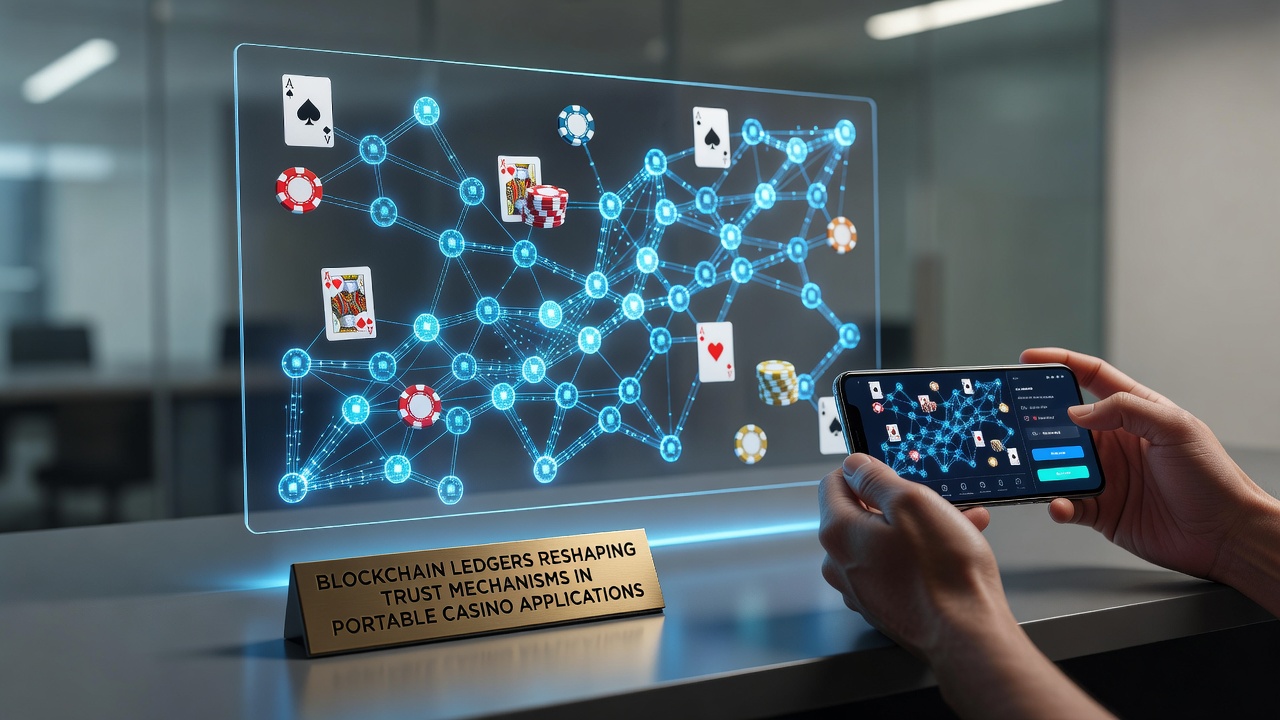 Illustration of blockchain ledger integration in mobile casino applications showing secure transaction flows