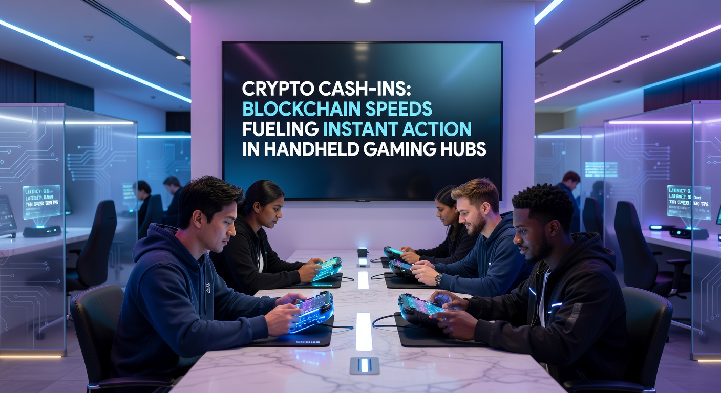 Close-up of a hand holding a smartphone with a crypto deposit animation, blockchain nodes visualized in the background connecting to a gaming hub