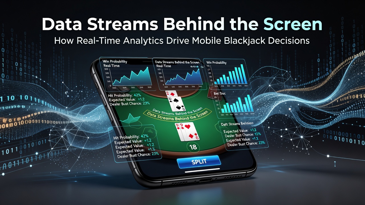Mobile blackjack interface displaying real-time analytics dashboard with player decision metrics