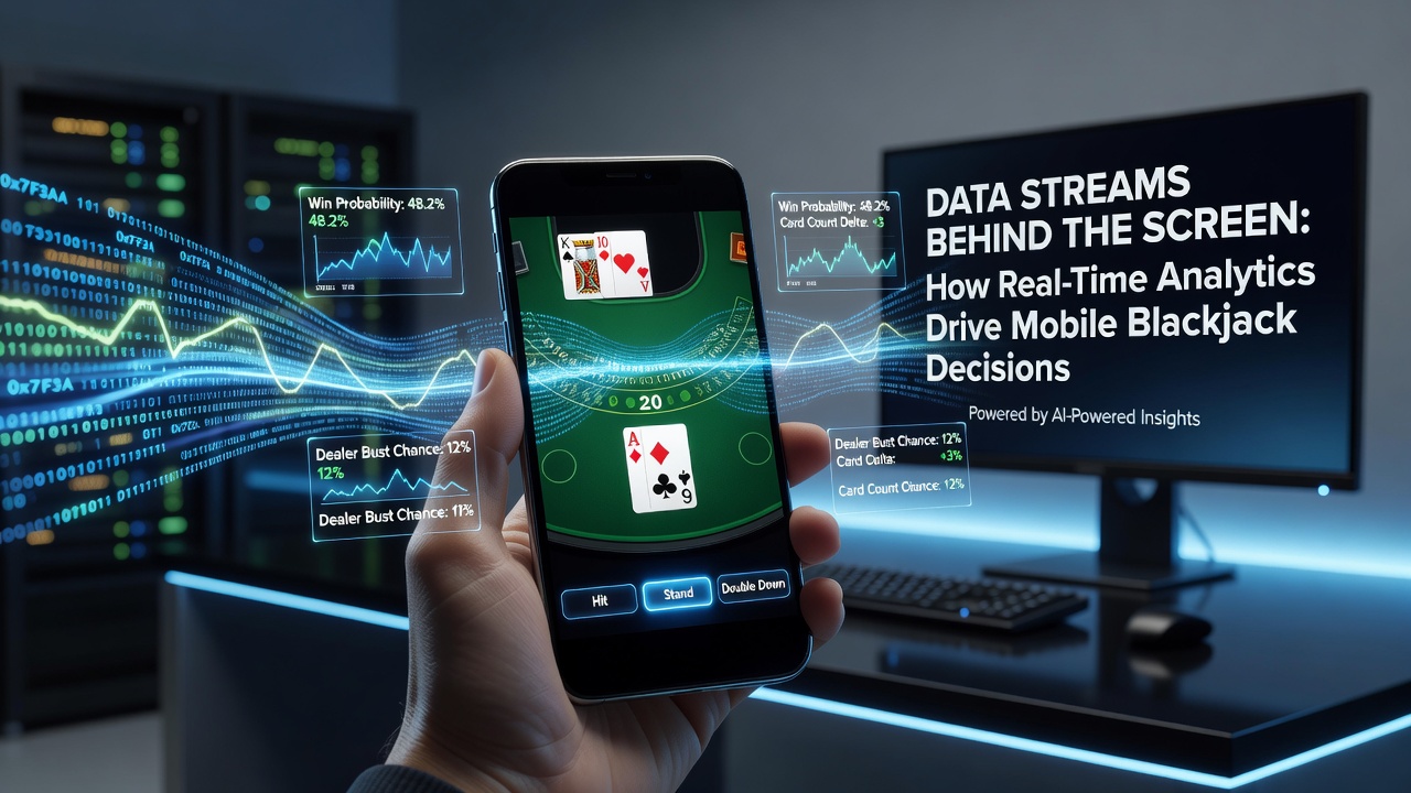 Analytics visualization showing data flow from mobile devices to blackjack decision engines