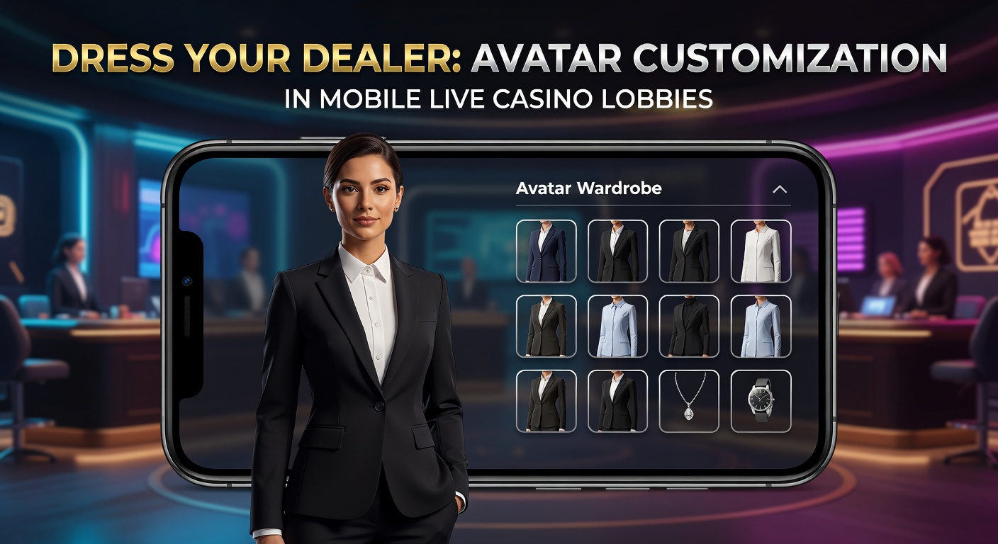 A vibrant mobile casino lobby screen showing customizable dealer avatars in elegant outfits against a dynamic casino backdrop