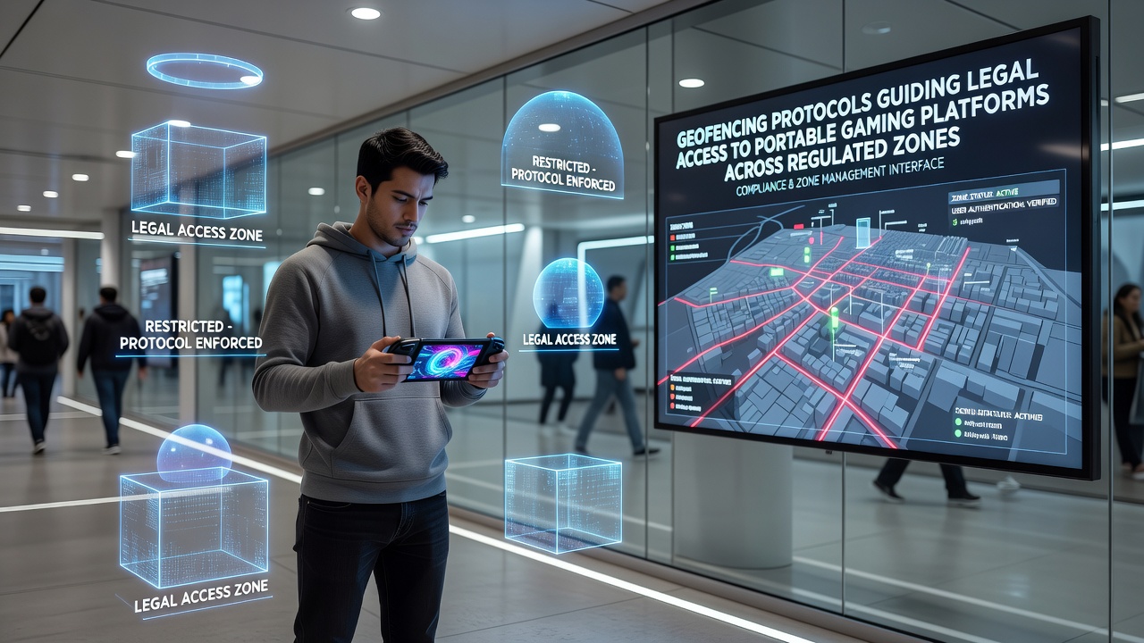 Technical diagram showing GPS, Wi-Fi, and cellular layers used in geofencing for gaming devices