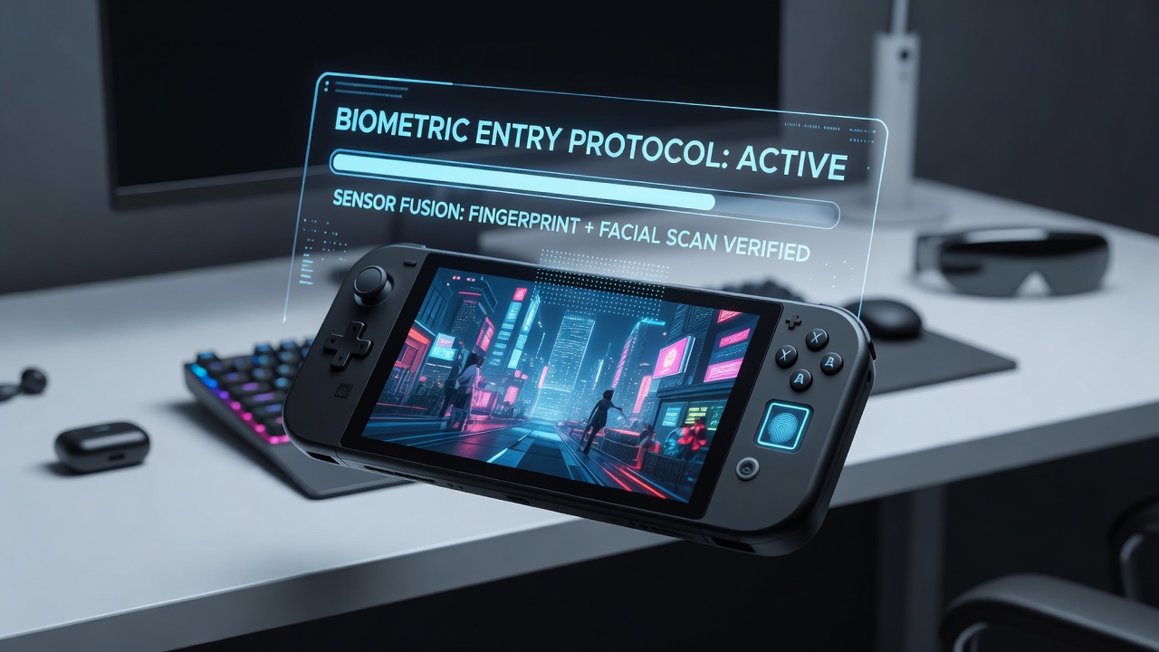 Close-up of a portable gaming device screen displaying a biometric authentication prompt with fingerprint and facial recognition icons