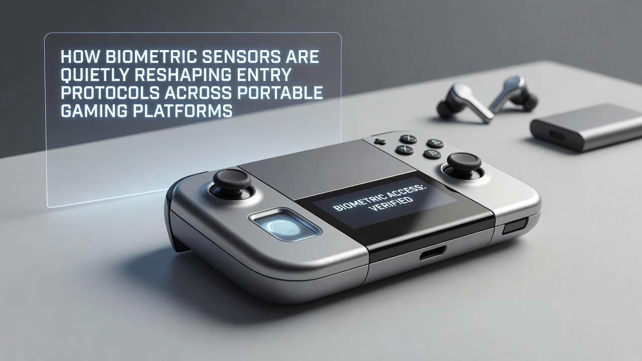 Portable gaming console held in hands with biometric sensor highlighted near the power button area