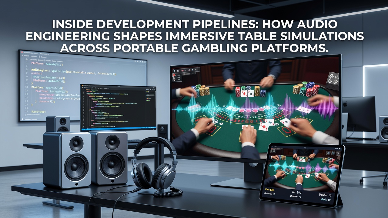 Audio engineers working on sound design for mobile table game simulations in a development studio