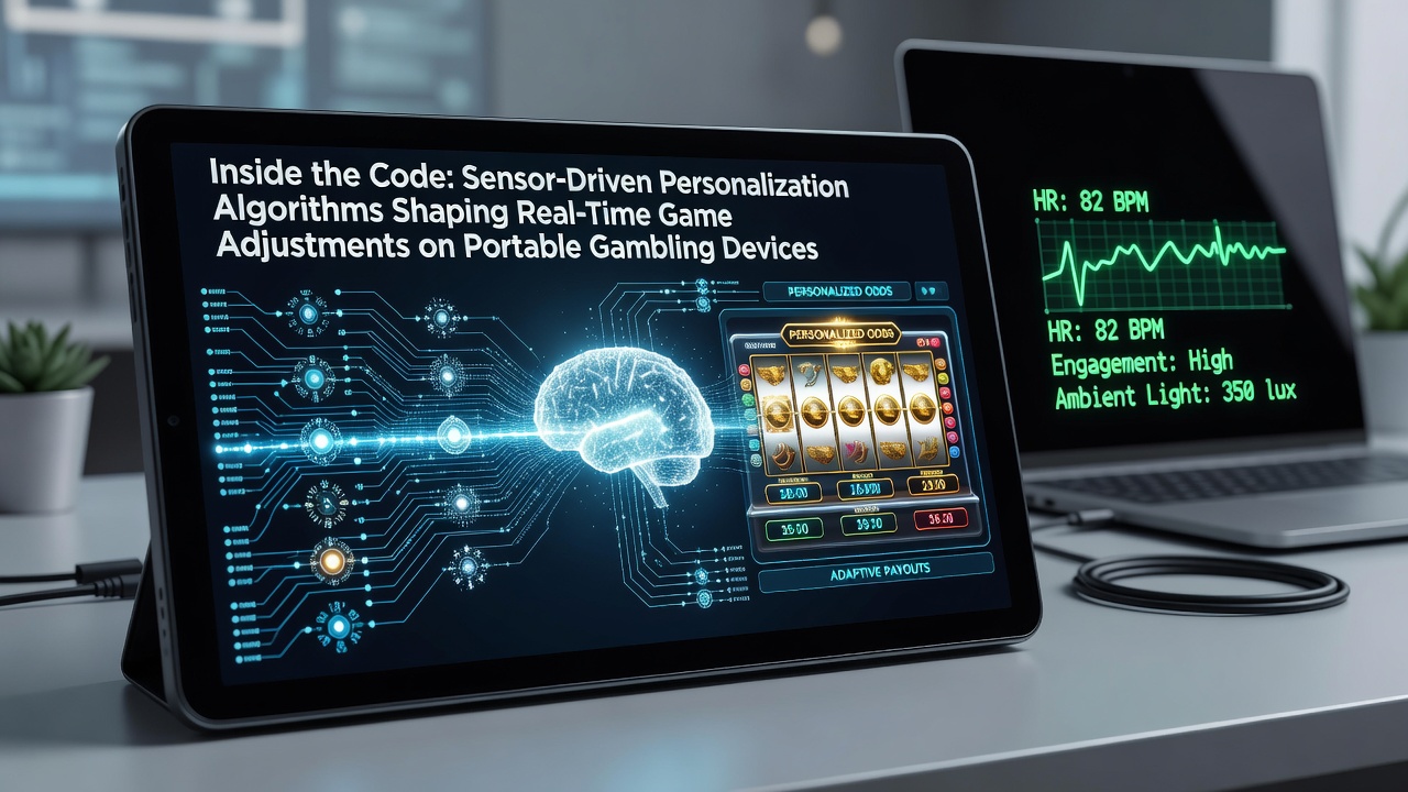 Portable gambling device displaying sensor-based game interface with real-time data overlays on screen