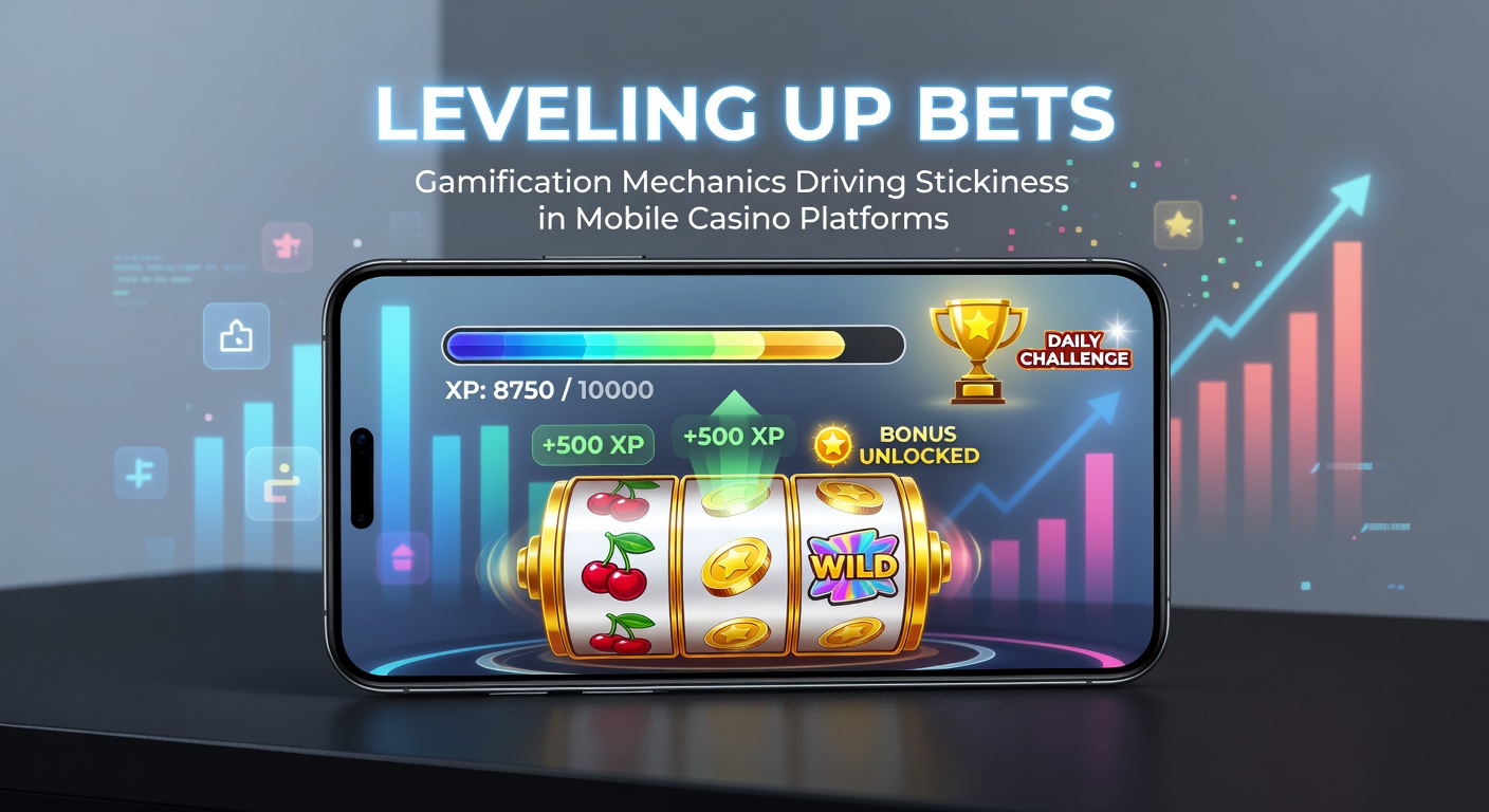 Mobile casino app screen showing player progress bar, badges, and level-up notifications during a slot game session