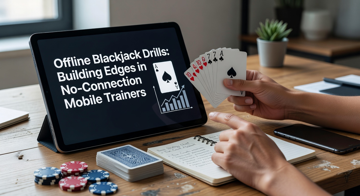 Mobile screen showing an offline blackjack trainer app with a basic strategy drill in progress, cards dealt and optimal move highlighted