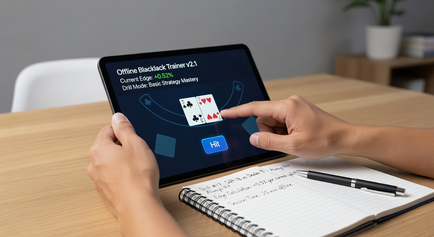 Close-up of a mobile blackjack app interface during a card counting drill, with running count displayed at +5 and bet recommendation highlighted