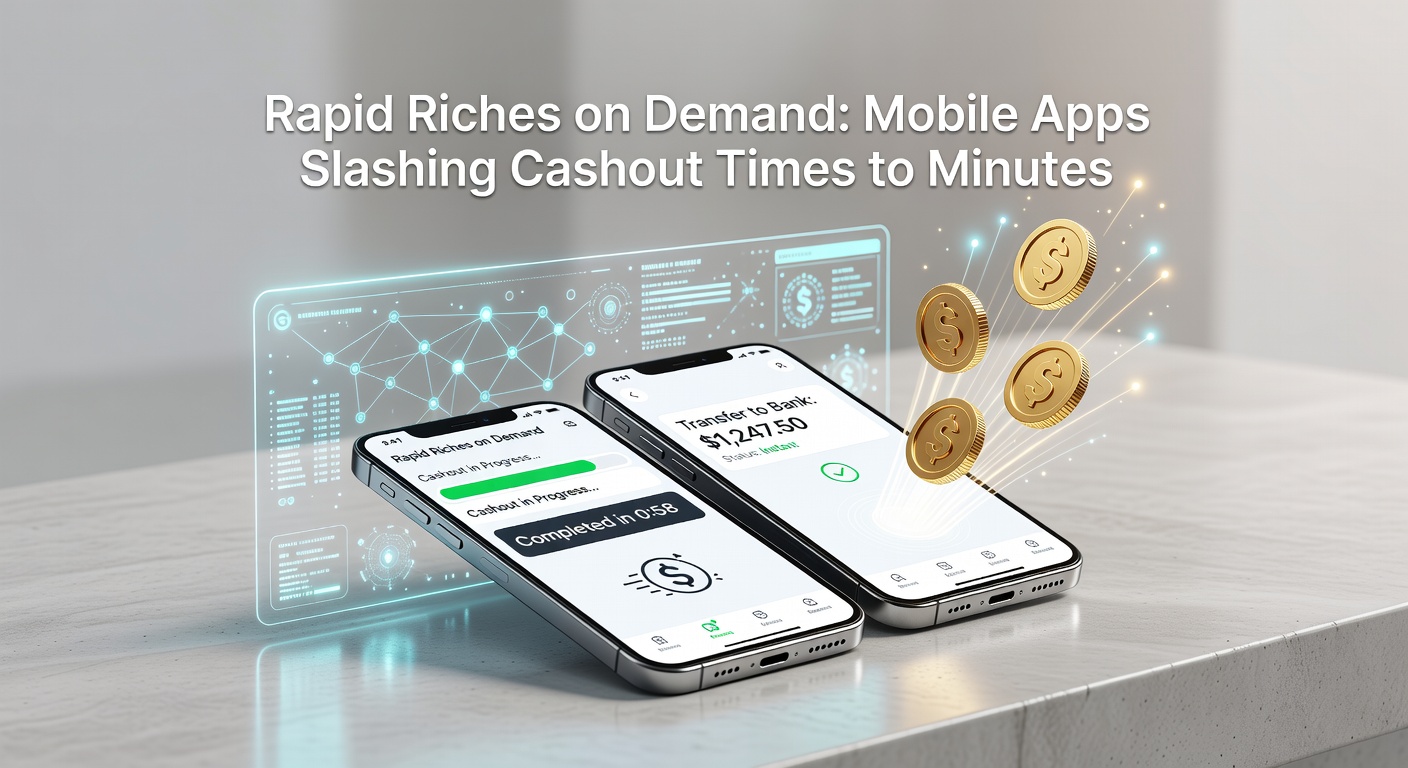 Smartphone screen displaying a mobile casino app with a real-time cashout confirmation popping up in under a minute, highlighting instant payout features