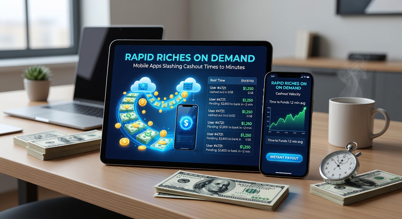 Infographic chart tracking the decline in average mobile casino cashout times from 72 hours in 2020 to under 5 minutes in 2026, with icons for e-wallets, crypto, and bank APIs