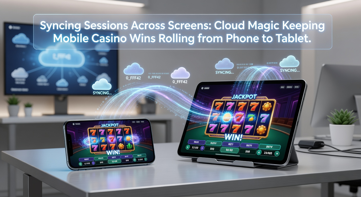 Cloud servers illustrating data flow between mobile phone, tablet, and casino app interfaces during a synced gaming session