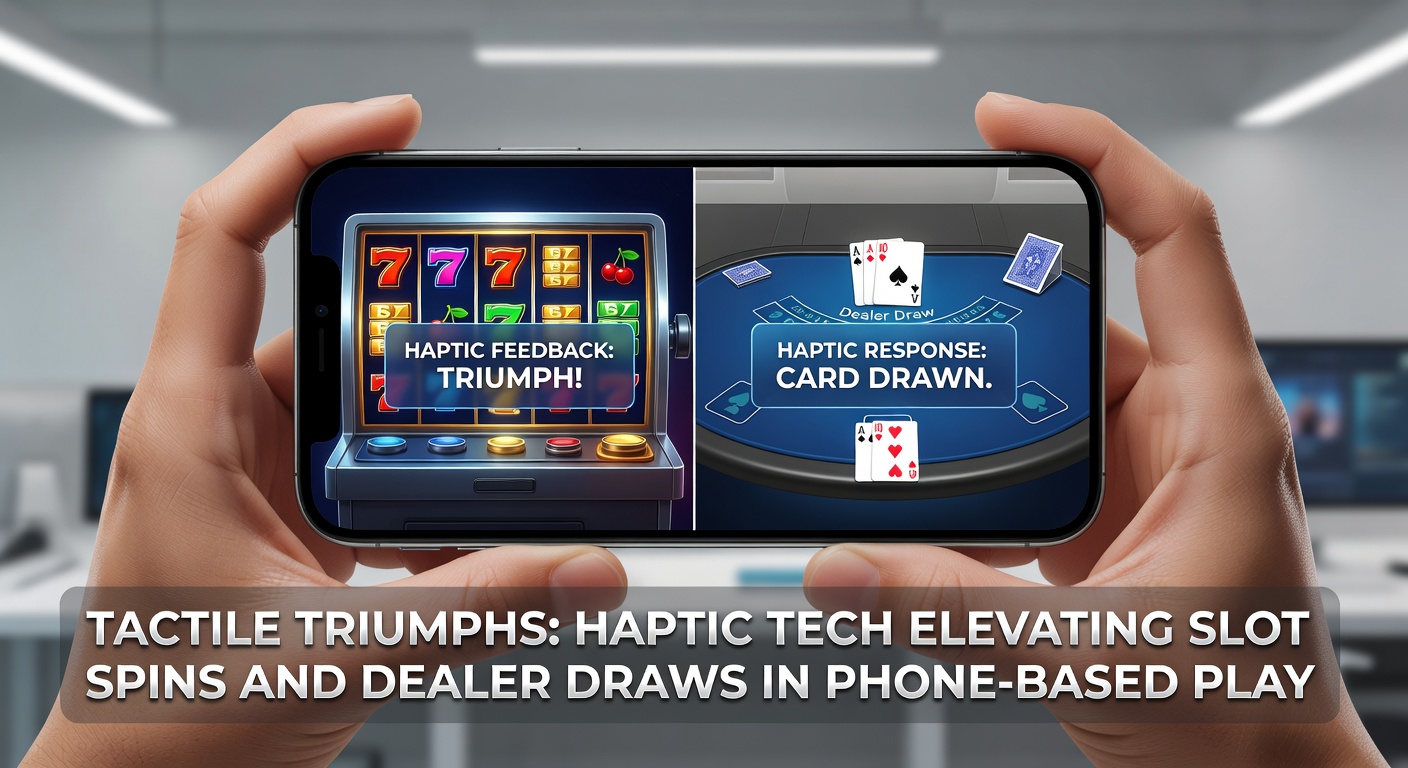 Illustration of a live dealer game on mobile with haptic waves emanating from the phone during a card draw, showing dealer hand and roulette wheel in action