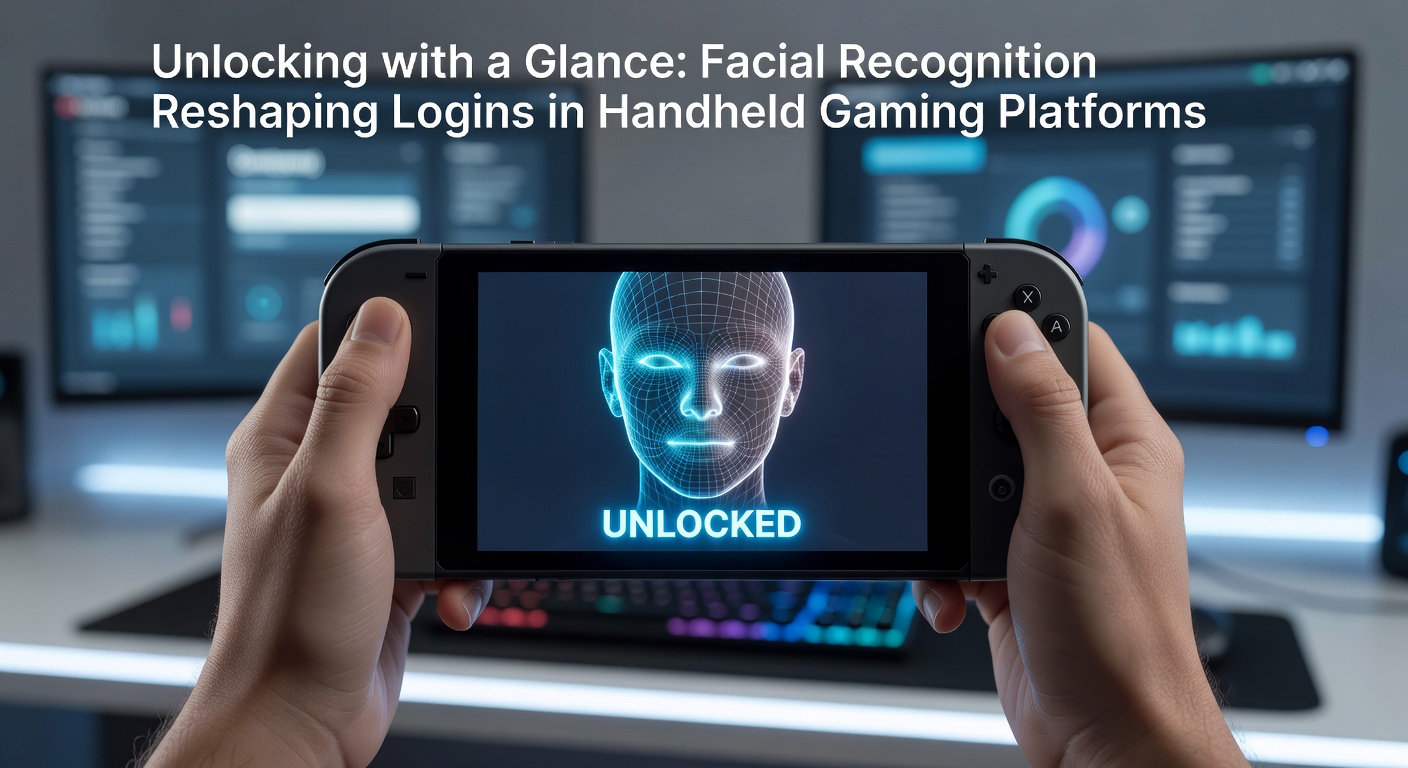 A handheld gaming device screen displaying a facial recognition scan in progress, with a user's face illuminated by the front camera