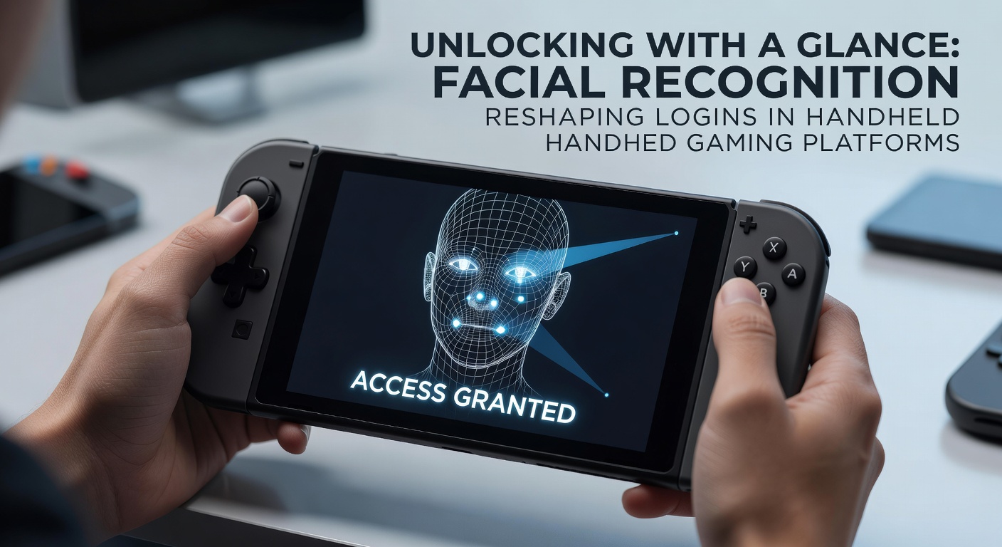 Close-up of a Steam Deck-like handheld gaming device with its front camera active, scanning a user's face against a backdrop of glowing game icons