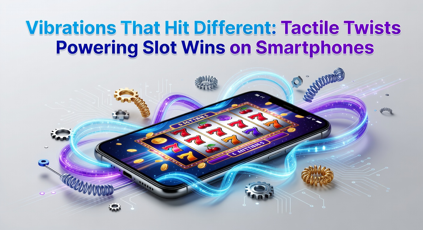 Smartphone displaying a vibrant slot machine win screen with illustrated haptic vibration waves emanating from the device, capturing the tactile thrill of a jackpot.
