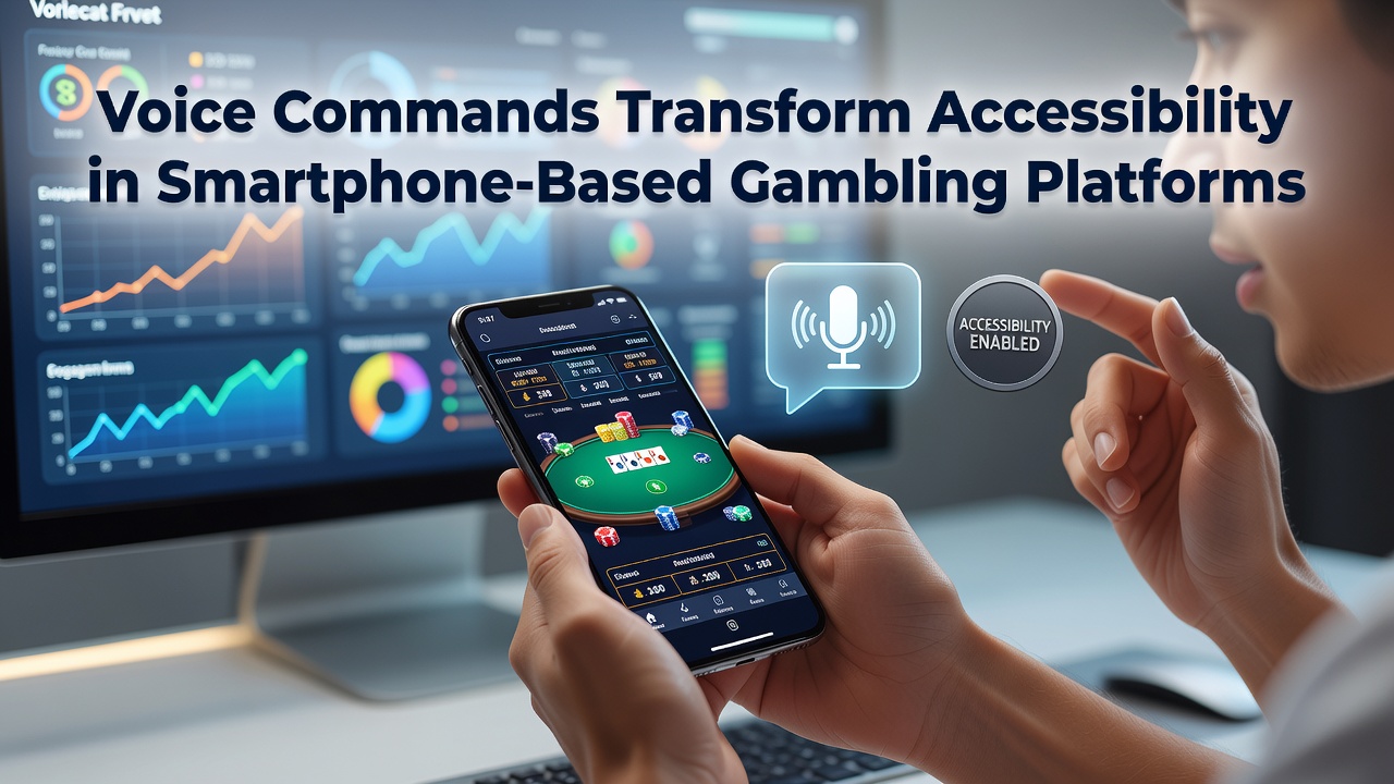 Smartphone screen displaying voice command interface integrated with a mobile gambling application