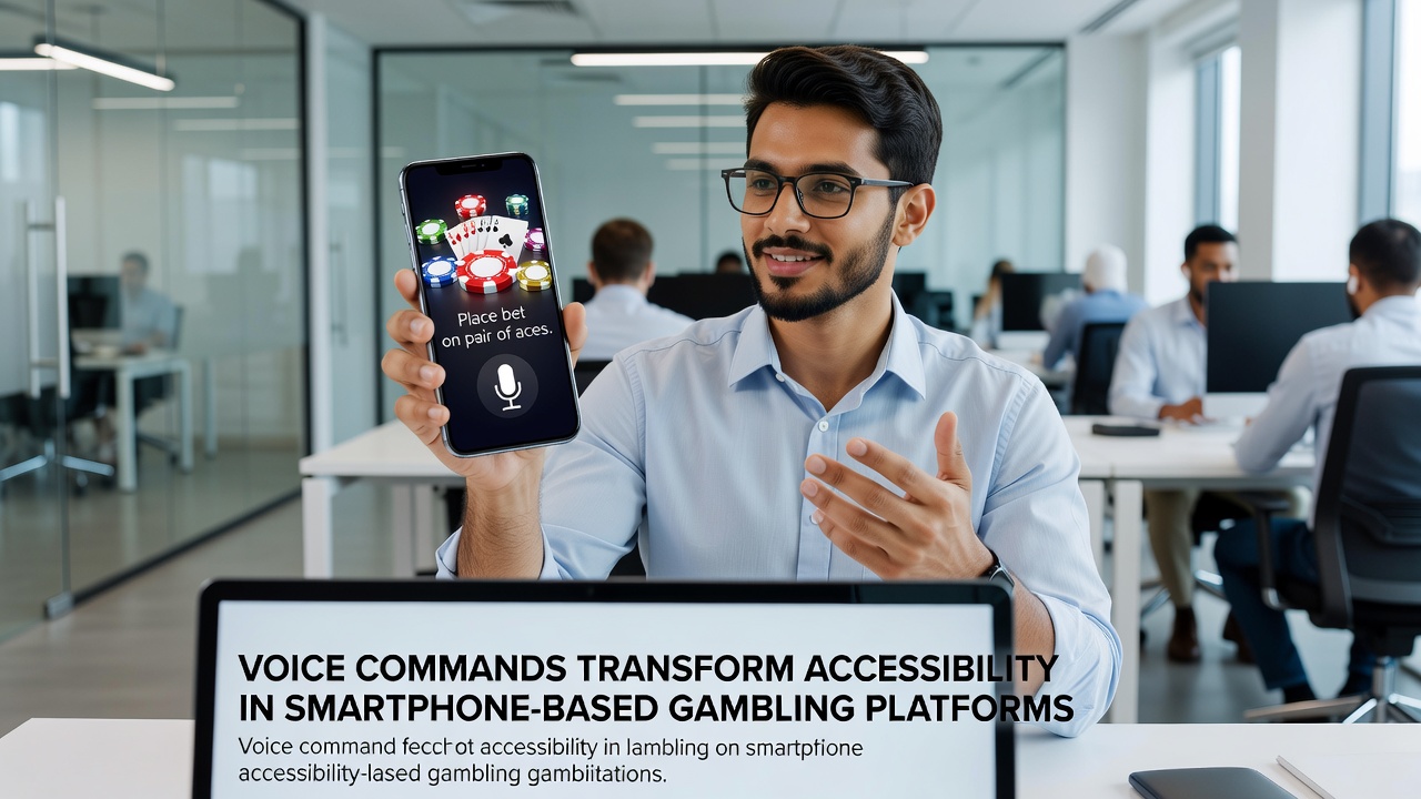 User interacting with voice commands on a mobile device during a gambling session